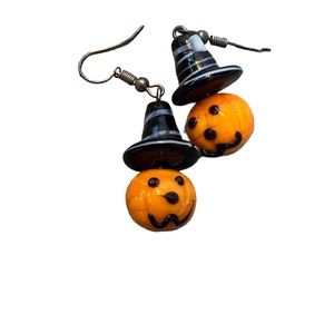 Halloween Pumpkin wearing a Witch Hat Earrings